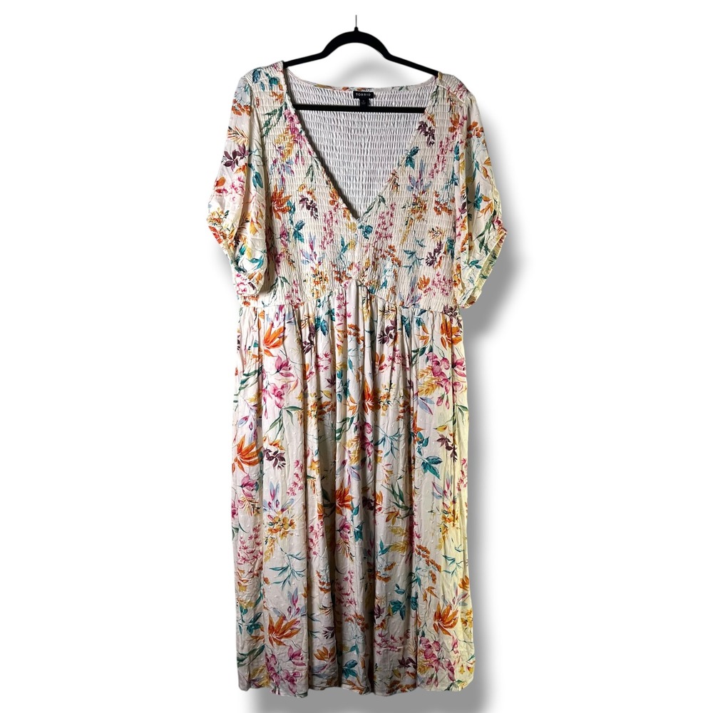 Torrid‎ Womens Sz 3 (22/24) Swiss Dot Smocked Floral Midi Dress Cottagecore Boho